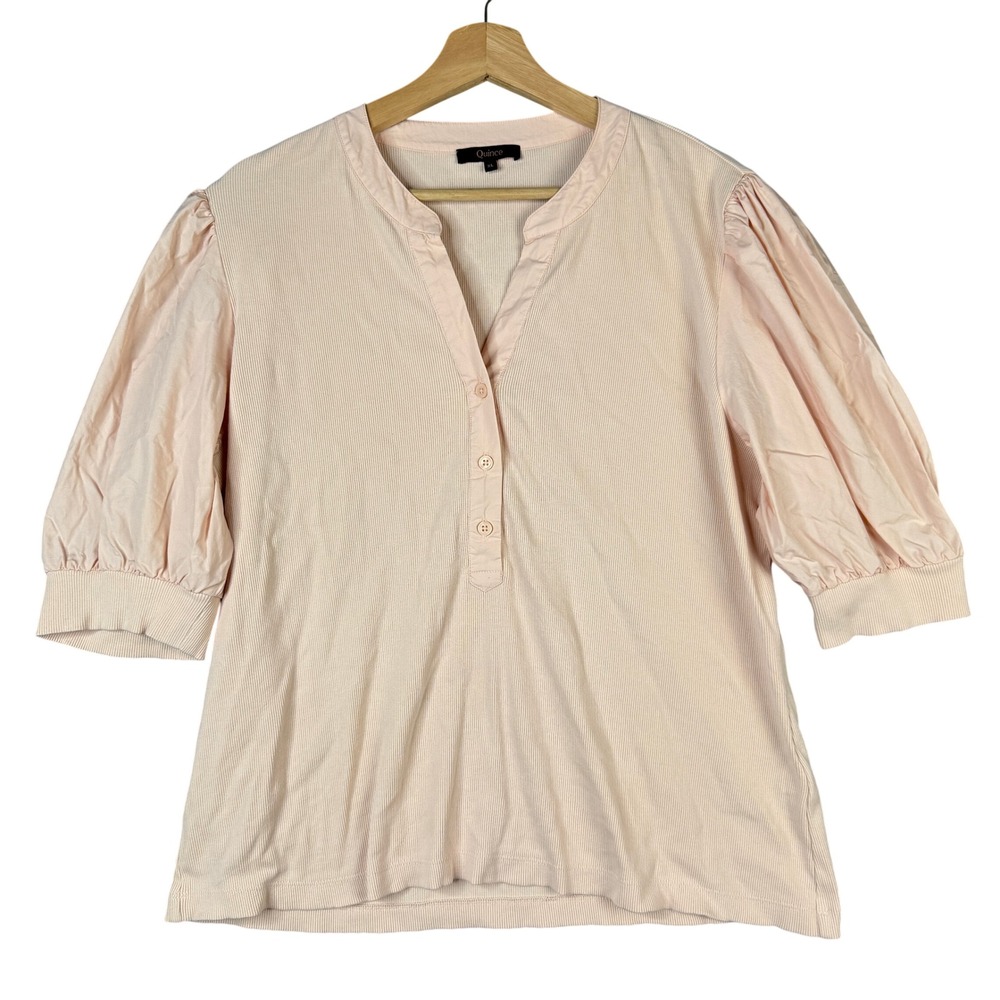 Quince Ribbed Cotton Puff Sleeve Top Ballet Slipper Pink XL V-Neck Button Henley